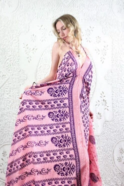 Eden Halter Maxi Dress - Vintage Sari - Baby Pink & Plum Motif - Free Size S/M