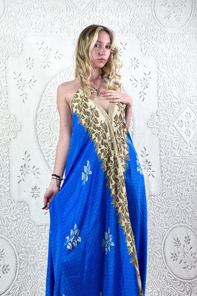 Eden Halter Maxi Dress - Vintage Sari - Majorelle Blue & Beige Leaf Print - Free Size S/M 1 Eden Halter Maxi Dress - Vintage Sari - Majorelle Blue & Beige Leaf Print - Free Size S/M