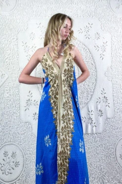 Eden Halter Maxi Dress - Vintage Sari - Majorelle Blue & Beige Leaf Print - Free Size S/M 7 Eden Halter Maxi Dress - Vintage Sari - Majorelle Blue & Beige Leaf Print - Free Size S/M -KIKIS Clothing Shop boho bohemian retro hippie chic recycled vintage indian sari halter neck maxi dress colourful print 70s inspired all about audrey 3