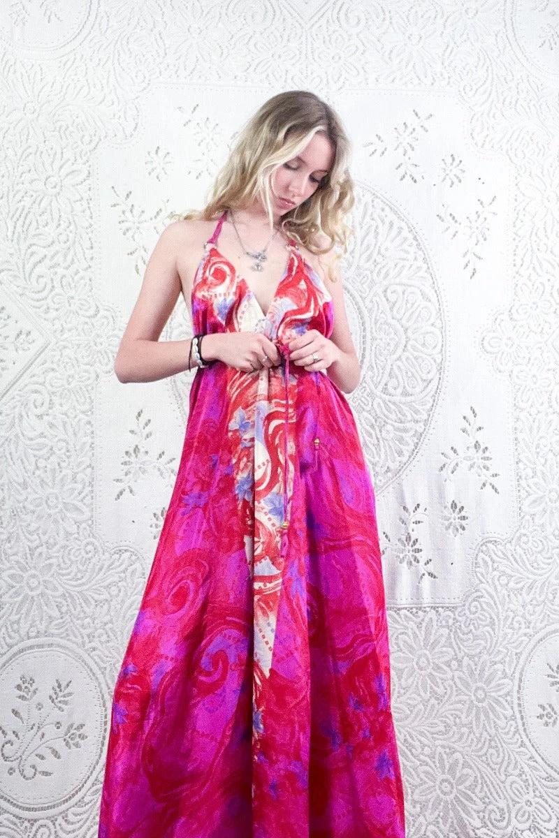 Eden Halter Maxi Dress - Vintage Sari - Magenta & Deep Coral Abstract - Free Size M/L 1 Eden Halter Maxi Dress - Vintage Sari - Magenta & Deep Coral Abstract - Free Size M/L