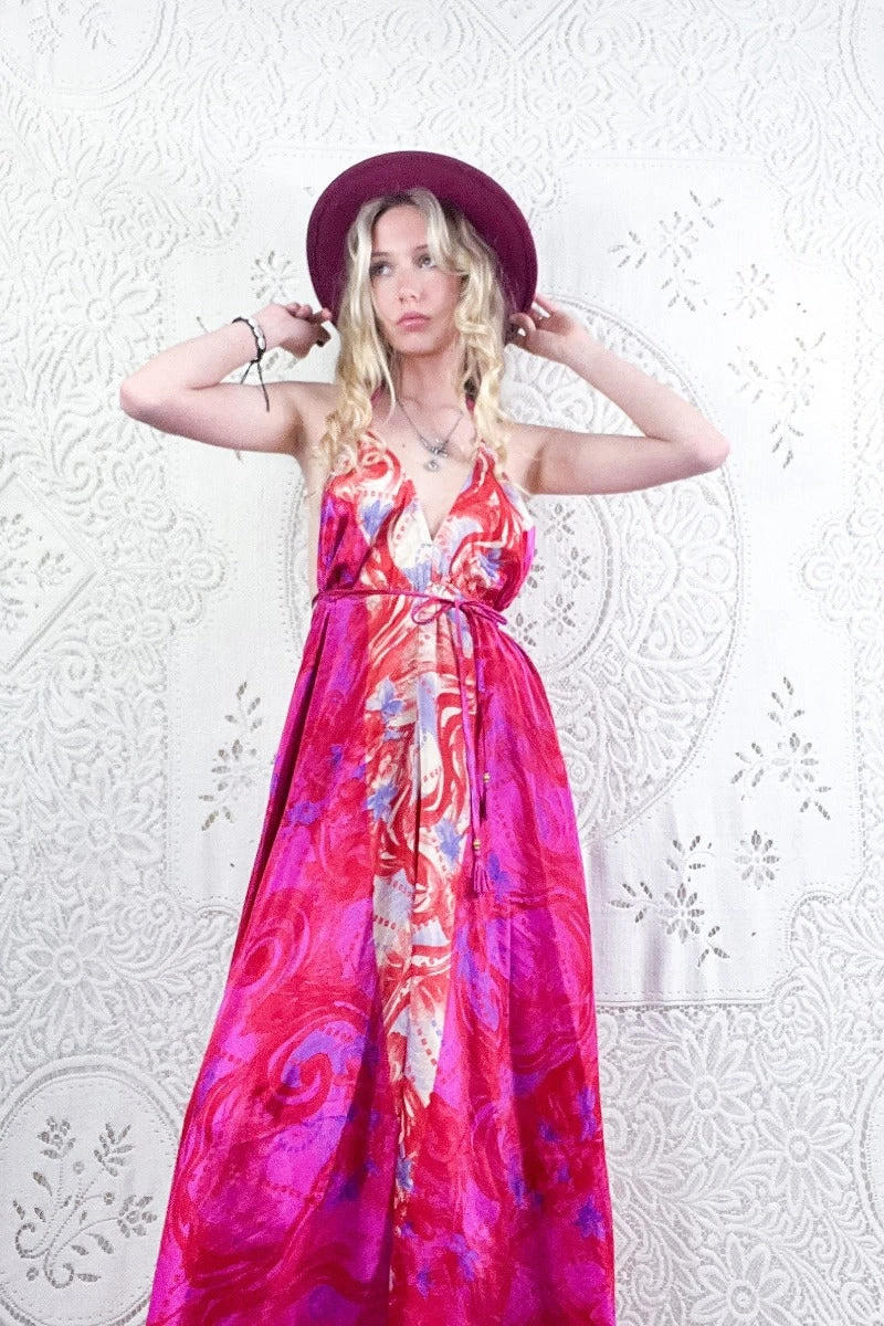 Eden Halter Maxi Dress - Vintage Sari - Magenta & Deep Coral Abstract - Free Size M/L 3 Eden Halter Maxi Dress - Vintage Sari - Magenta & Deep Coral Abstract - Free Size M/L - Image 3