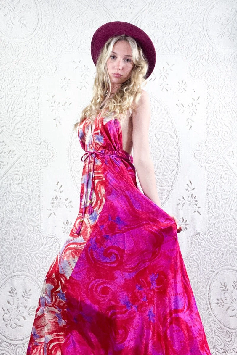 Eden Halter Maxi Dress - Vintage Sari - Magenta & Deep Coral Abstract - Free Size M/L 2 Eden Halter Maxi Dress - Vintage Sari - Magenta & Deep Coral Abstract - Free Size M/L - Image 2