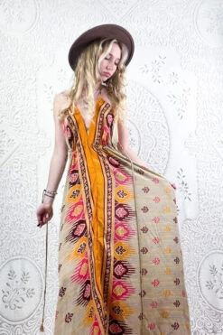 Eden Halter Maxi Dress - Vintage Sari - Earthy Jewel Tone Motif - Free Size M/L -KIKIS Clothing Shop boho bohemian retro hippie chic recycled vintage indian sari halter neck maxi dress colourful print 70s inspired all about audrey 49