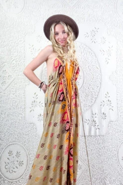 Eden Halter Maxi Dress - Vintage Sari - Earthy Jewel Tone Motif - Free Size M/L -KIKIS Clothing Shop boho bohemian retro hippie chic recycled vintage indian sari halter neck maxi dress colourful print 70s inspired all about audrey 52