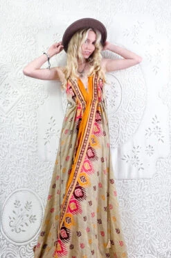 Eden Halter Maxi Dress - Vintage Sari - Earthy Jewel Tone Motif - Free Size M/L