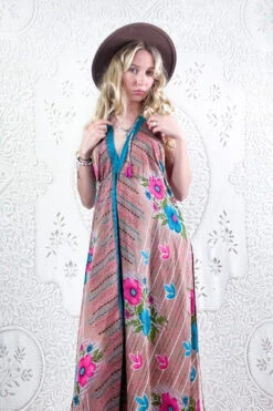 Eden Halter Maxi Dress - Vintage Sari - Tan, Turquoise & Pink Tropical Floral - Free Size M/L 7 Eden Halter Maxi Dress - Vintage Sari - Tan, Turquoise & Pink Tropical Floral - Free Size M/L -KIKIS Clothing Shop boho bohemian retro hippie chic recycled vintage indian sari halter neck maxi dress colourful print 70s inspired all about audrey 62