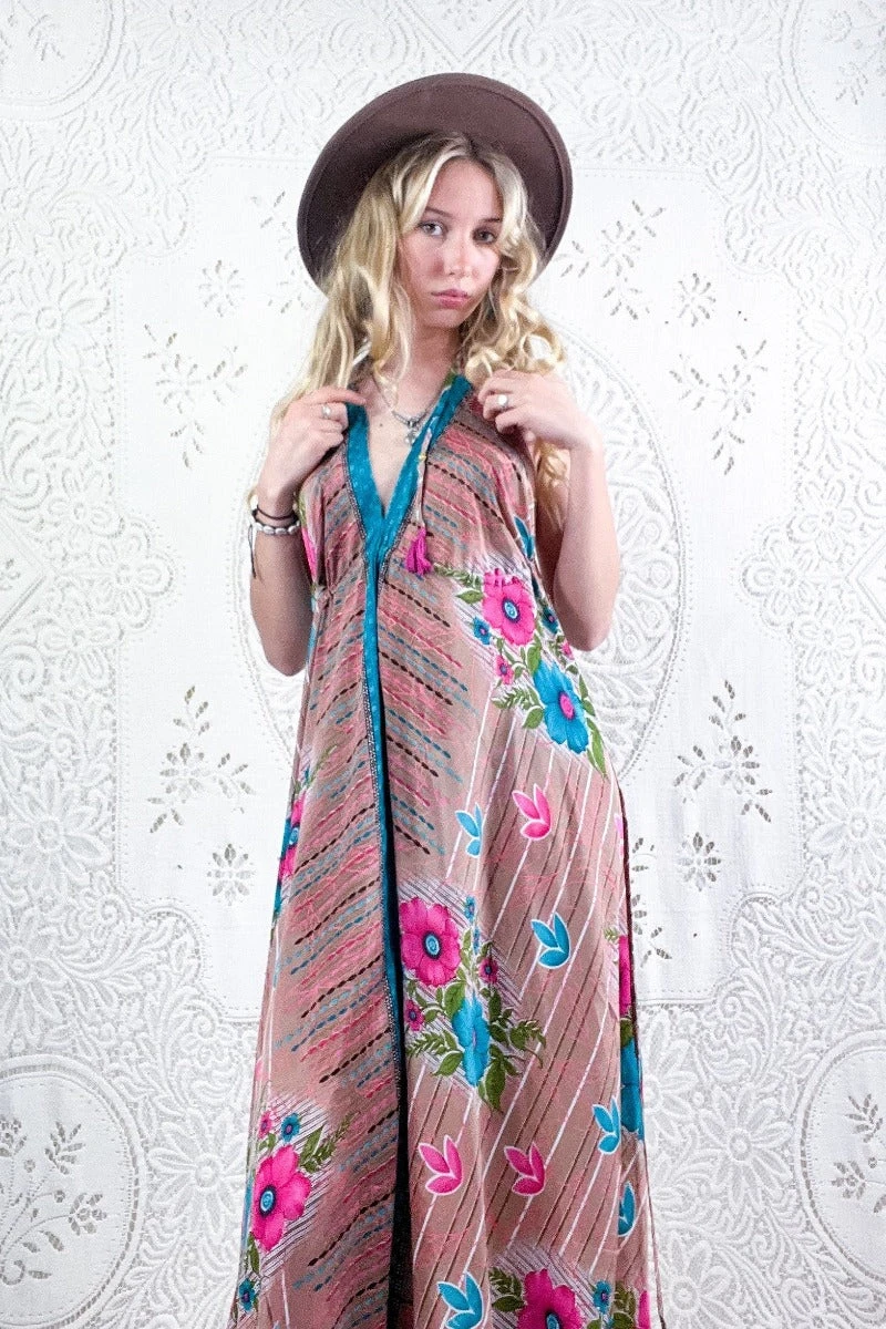 Eden Halter Maxi Dress - Vintage Sari - Tan, Turquoise & Pink Tropical Floral - Free Size M/L 4 Eden Halter Maxi Dress - Vintage Sari - Tan, Turquoise & Pink Tropical Floral - Free Size M/L - Image 4