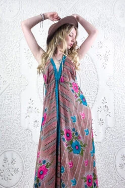 Eden Halter Maxi Dress - Vintage Sari - Tan, Turquoise & Pink Tropical Floral - Free Size M/L 6 Eden Halter Maxi Dress - Vintage Sari - Tan, Turquoise & Pink Tropical Floral - Free Size M/L -KIKIS Clothing Shop boho bohemian retro hippie chic recycled vintage indian sari halter neck maxi dress colourful print 70s inspired all about audrey 63