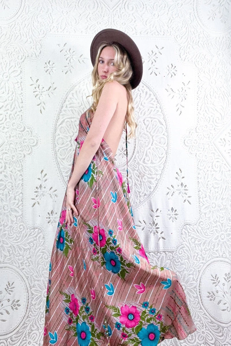 Eden Halter Maxi Dress - Vintage Sari - Tan, Turquoise & Pink Tropical Floral - Free Size M/L 2 Eden Halter Maxi Dress - Vintage Sari - Tan, Turquoise & Pink Tropical Floral - Free Size M/L - Image 2