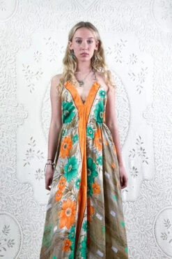 Eden Halter Maxi Dress - Vintage Sari - Taupe, Apricot & Seafoam Floral - Free Size S/M -KIKIS Clothing Shop boho bohemian retro hippie chic recycled vintage indian sari halter neck maxi dress colourful print 70s inspired all about audrey 9
