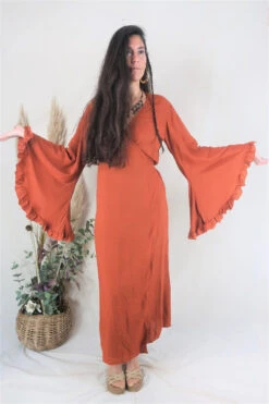 Khroma Venus Maxi Dress - Red Clay -KIKIS Clothing Shop boho hippie rayon frill bell sleeve wrap dress in red clay all about audrey 1