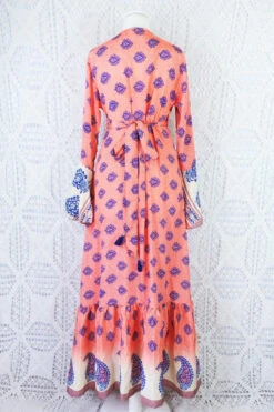 Sylvia Wrap Dress - Vintage Indian Sari - Bright Salmon & Indigo Block Print Motif (S/M) 10 Sylvia Wrap Dress - Vintage Indian Sari - Bright Salmon & Indigo Block Print Motif (S/M) -KIKIS Clothing Shop bright salmon and indigo block print motif back of sylvia wrap dress all about audrey