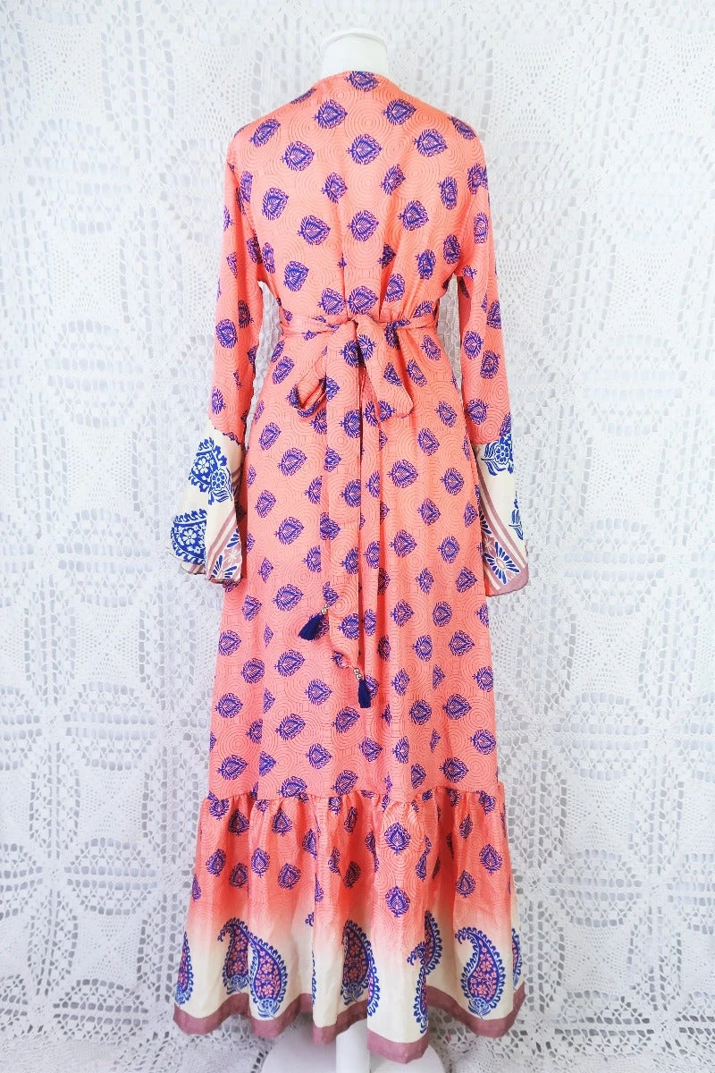 Sylvia Wrap Dress - Vintage Indian Sari - Bright Salmon & Indigo Block Print Motif (S/M) 5 Sylvia Wrap Dress - Vintage Indian Sari - Bright Salmon & Indigo Block Print Motif (S/M) - Image 5