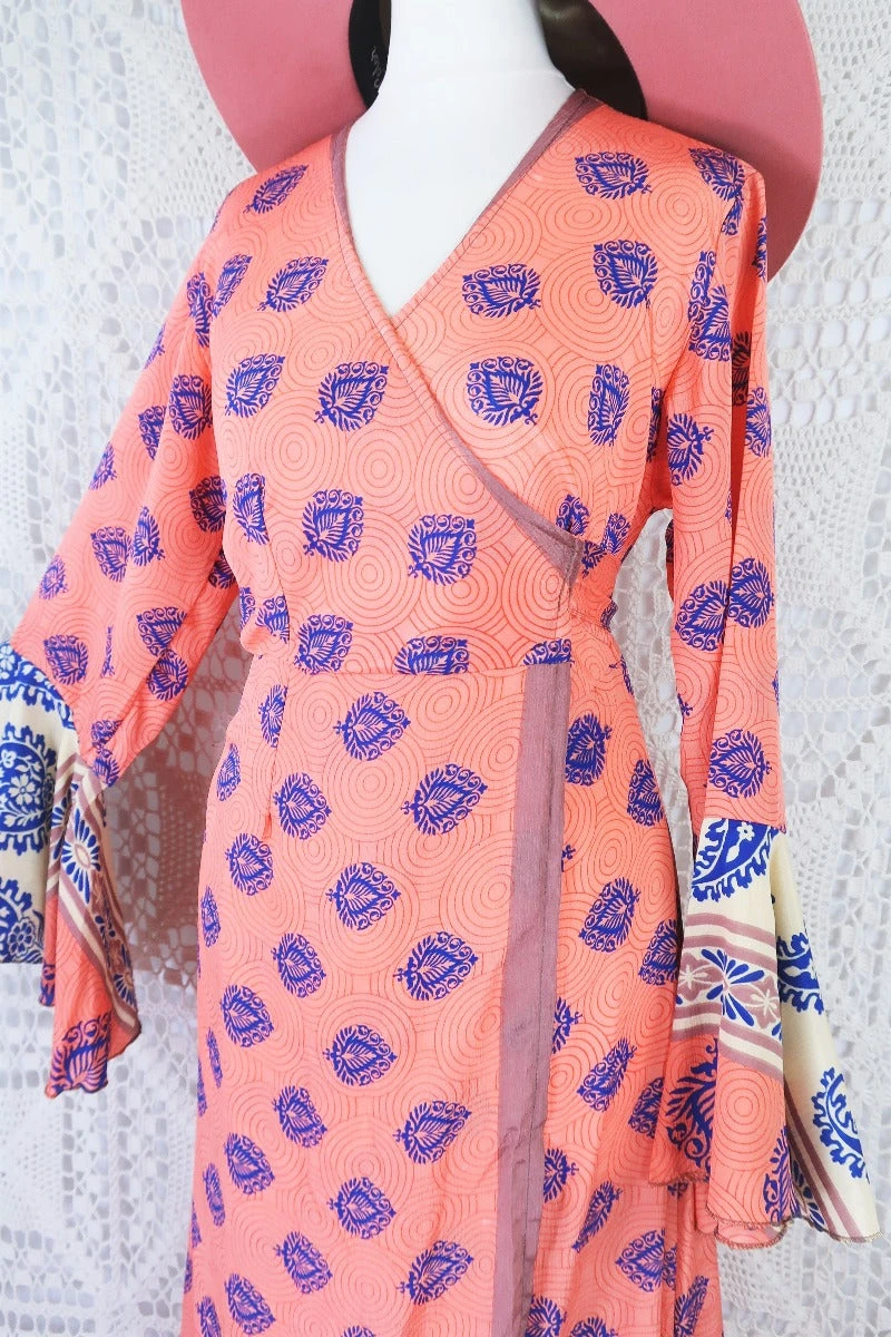 Sylvia Wrap Dress - Vintage Indian Sari - Bright Salmon & Indigo Block Print Motif (S/M) 2 Sylvia Wrap Dress - Vintage Indian Sari - Bright Salmon & Indigo Block Print Motif (S/M) - Image 2