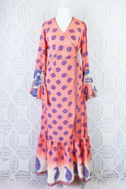 Sylvia Wrap Dress - Vintage Indian Sari - Bright Salmon & Indigo Block Print Motif (S/M) 8 Sylvia Wrap Dress - Vintage Indian Sari - Bright Salmon & Indigo Block Print Motif (S/M) -KIKIS Clothing Shop bright salmon and indigo block print motif recycled sari sylvia maxi dress all about audrey