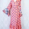 Sylvia Wrap Dress - Vintage Indian Sari - Bright Salmon & Indigo Block Print Motif (S/M)