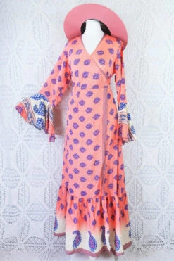 Sylvia Wrap Dress - Vintage Indian Sari - Bright Salmon & Indigo Block Print Motif (S/M)