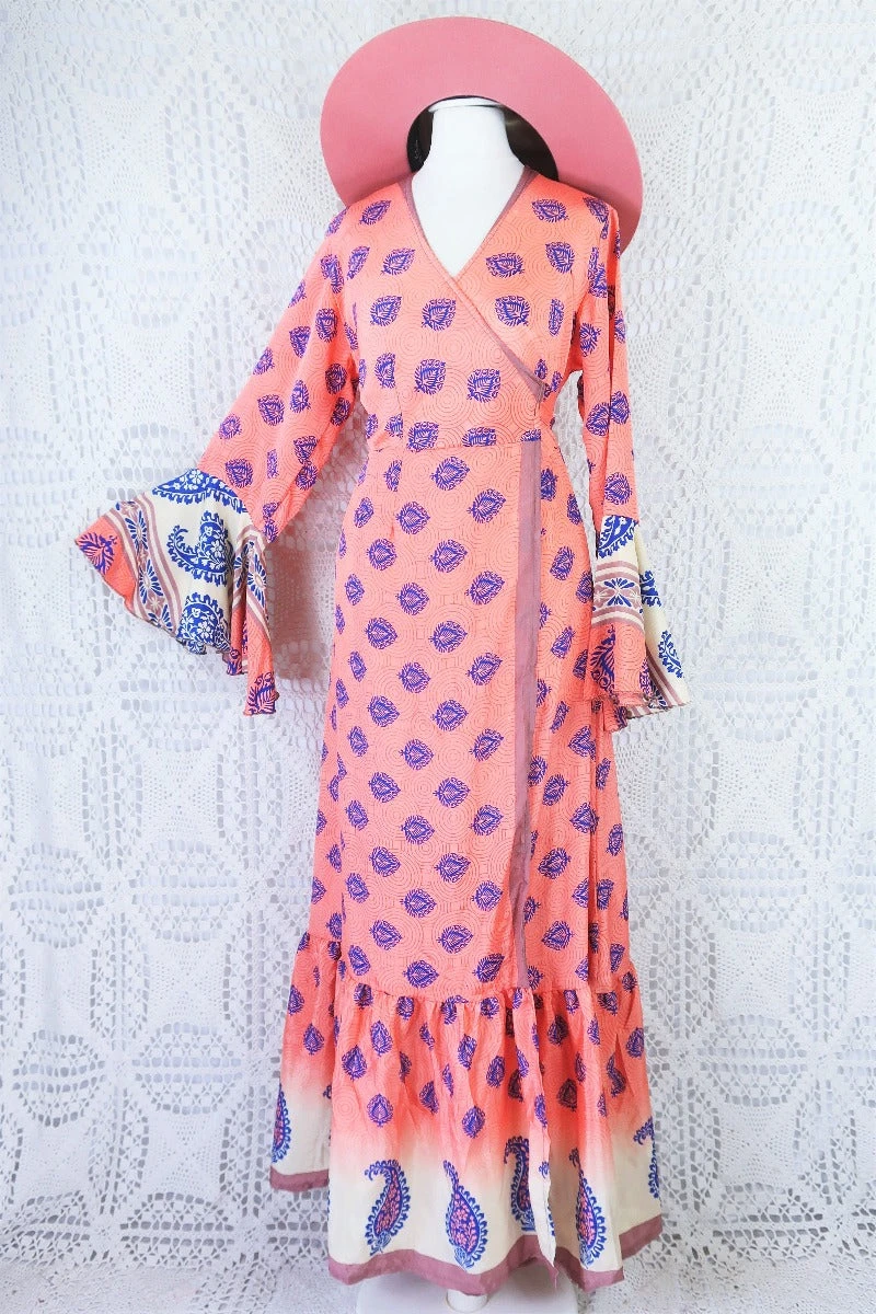 Sylvia Wrap Dress - Vintage Indian Sari - Bright Salmon & Indigo Block Print Motif (S/M) 1 Sylvia Wrap Dress - Vintage Indian Sari - Bright Salmon & Indigo Block Print Motif (S/M)