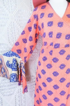 Sylvia Wrap Dress - Vintage Indian Sari - Bright Salmon & Indigo Block Print Motif (S/M) 9 Sylvia Wrap Dress - Vintage Indian Sari - Bright Salmon & Indigo Block Print Motif (S/M) -KIKIS Clothing Shop bright salmon and indigo block print motif sylvia wrap dress frill sleeve close up all about audrey