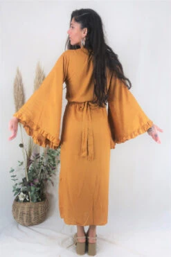Khroma Venus Maxi Dress - Mustard Yellow 11 Khroma Venus Maxi Dress - Mustard Yellow -KIKIS Clothing Shop butterfly bell sleeve rayon maxi wrap dress in mustard yellow bohemian 70s inspired design fashion all about audrey 2