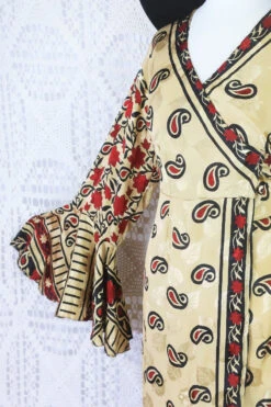 Sylvia Wrap Dress - Vintage Indian Sari - Champagne, Garnet & Raven Bold Paisley Shimmer (S/M) -KIKIS Clothing Shop champagne garnet and raven paisley close up of frill sleeve sylvia wrap dress all about audrey