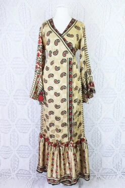 Sylvia Wrap Dress - Vintage Indian Sari - Champagne, Garnet & Raven Bold Paisley Shimmer (S/M) -KIKIS Clothing Shop champagne garnet and raven paisley recycled sari sylvia maxi wrap dress all about audrey