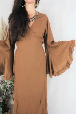 Khroma Venus Maxi Dress - Cinnamon Brown -KIKIS Clothing Shop cinnamon brown bell sleeve ruffle bohemian rayon maxi dress all about audrey 1