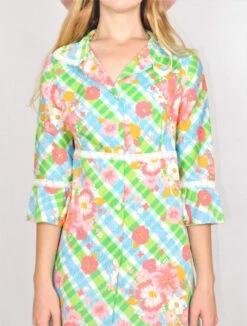 Vintage Dress - Retro Bright Floral Bloom Mini - Size S -KIKIS Clothing Shop close up of green andboby blue retro floral button up mini dress all about audrey