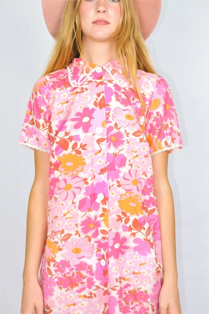 Vintage Dress - Retro Pink Floral Button Up - Free Size M 3 Vintage Dress - Retro Pink Floral Button Up - Free Size M - Image 3