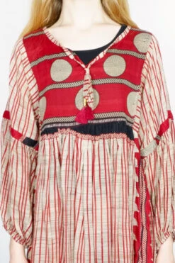 Daisy Midi Smock Dress - Vintage Indian Cotton Sari - Scarlet & Sandstone Spots & Stripes - S/M -KIKIS Clothing Shop dais midi smock 70s boho dres vintage indian organic cotton all about audrey 2