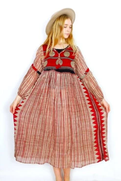 Daisy Midi Smock Dress - Vintage Indian Cotton Sari - Scarlet & Sandstone Spots & Stripes - S/M