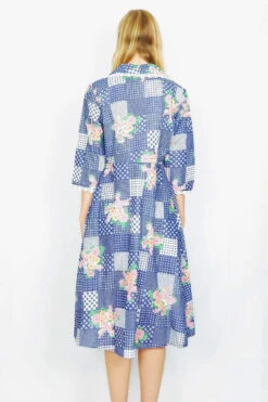 Vintage Midi Dress - Retro Faded Blue Patchwork - Size S/M -KIKIS Clothing Shop faded blue retro floral hearts patchwork jacket midi dress vintage bohemian all about audrey 1