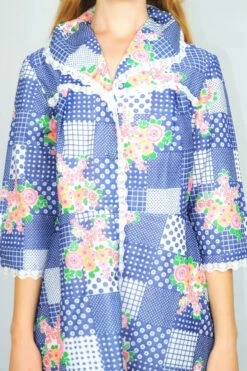 Vintage Midi Dress - Retro Faded Blue Patchwork - Size S/M -KIKIS Clothing Shop faded blue retro floral hearts patchwork jacket midi dress vintage bohemian all about audrey 2