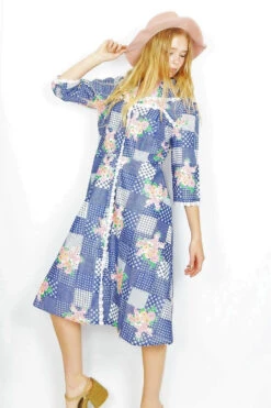 Vintage Midi Dress - Retro Faded Blue Patchwork - Size S/M -KIKIS Clothing Shop faded blue retro floral hearts patchwork jacket midi dress vintage bohemian all about audrey 3