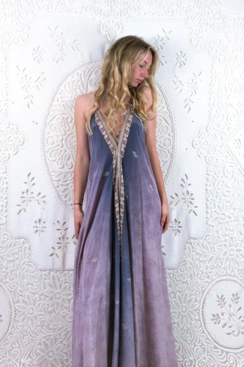 Athena Maxi Dress - Vintage Sari - Mercury Grey & Gold Embroidered Motif - S - M/L 3 Athena Maxi Dress - Vintage Sari - Mercury Grey & Gold Embroidered Motif - S - M/L - Image 3