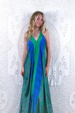 Athena Maxi Dress - Vintage Sari - Silver & Green Floral - S/M -KIKIS Clothing Shop floaty strappy halter neck recycled vintage indian sari strappy maxi sundress dress boho hippie chic party all about audrey 100
