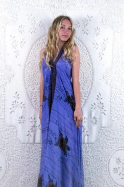 Athena Maxi Dress - Vintage Sari - Lavender & Twilight Floral - S/M 5 Athena Maxi Dress - Vintage Sari - Lavender & Twilight Floral - S/M -KIKIS Clothing Shop floaty strappy halter neck recycled vintage indian sari strappy maxi sundress dress boho hippie chic party all about audrey 103