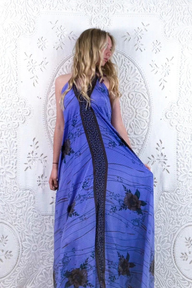 Athena Maxi Dress - Vintage Sari - Lavender & Twilight Floral - S/M 1 Athena Maxi Dress - Vintage Sari - Lavender & Twilight Floral - S/M