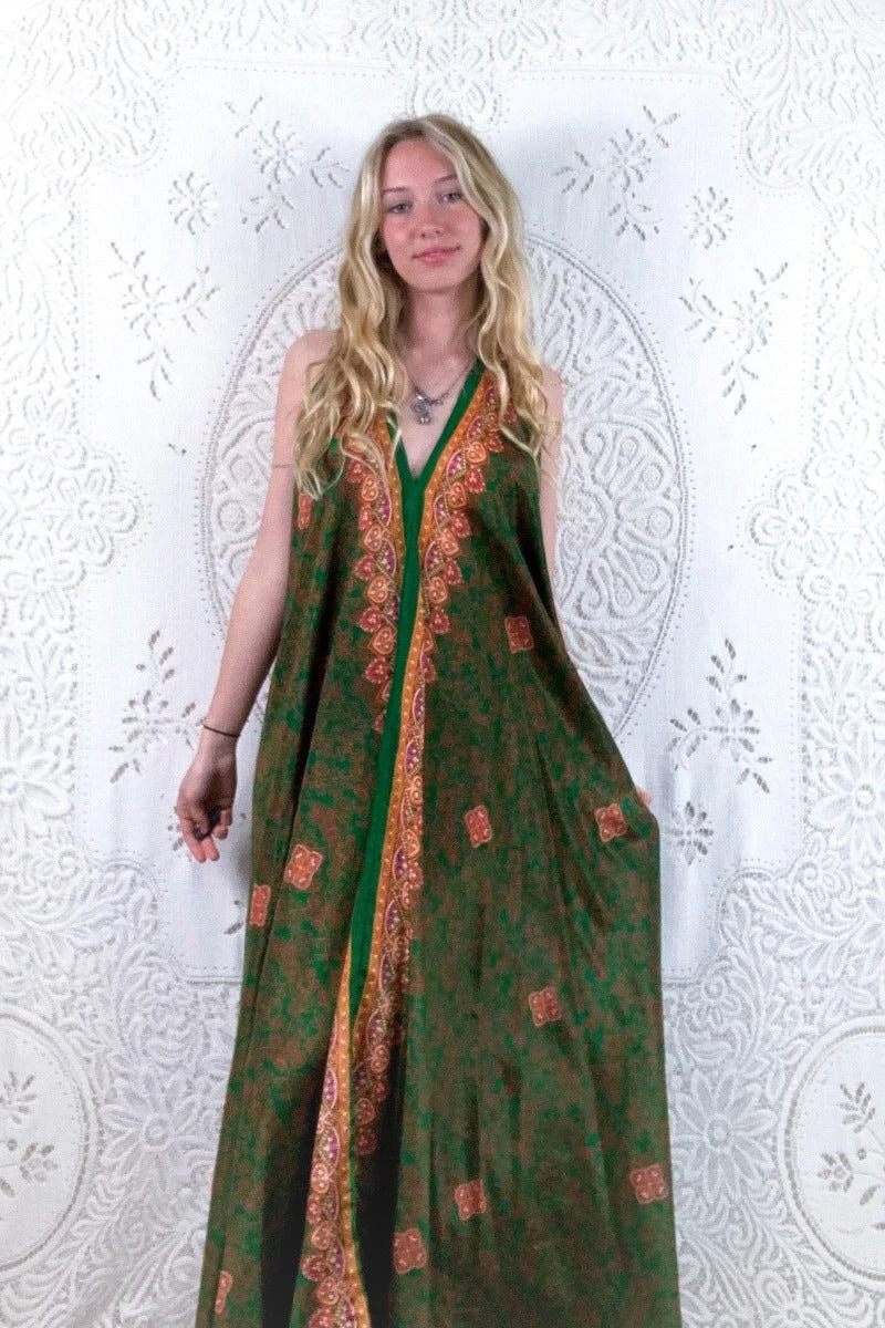 Athena Maxi Dress - Vintage Sari - Forest Green & Amber Floral - M/L - L/XL 1 Athena Maxi Dress - Vintage Sari - Forest Green & Amber Floral - M/L - L/XL