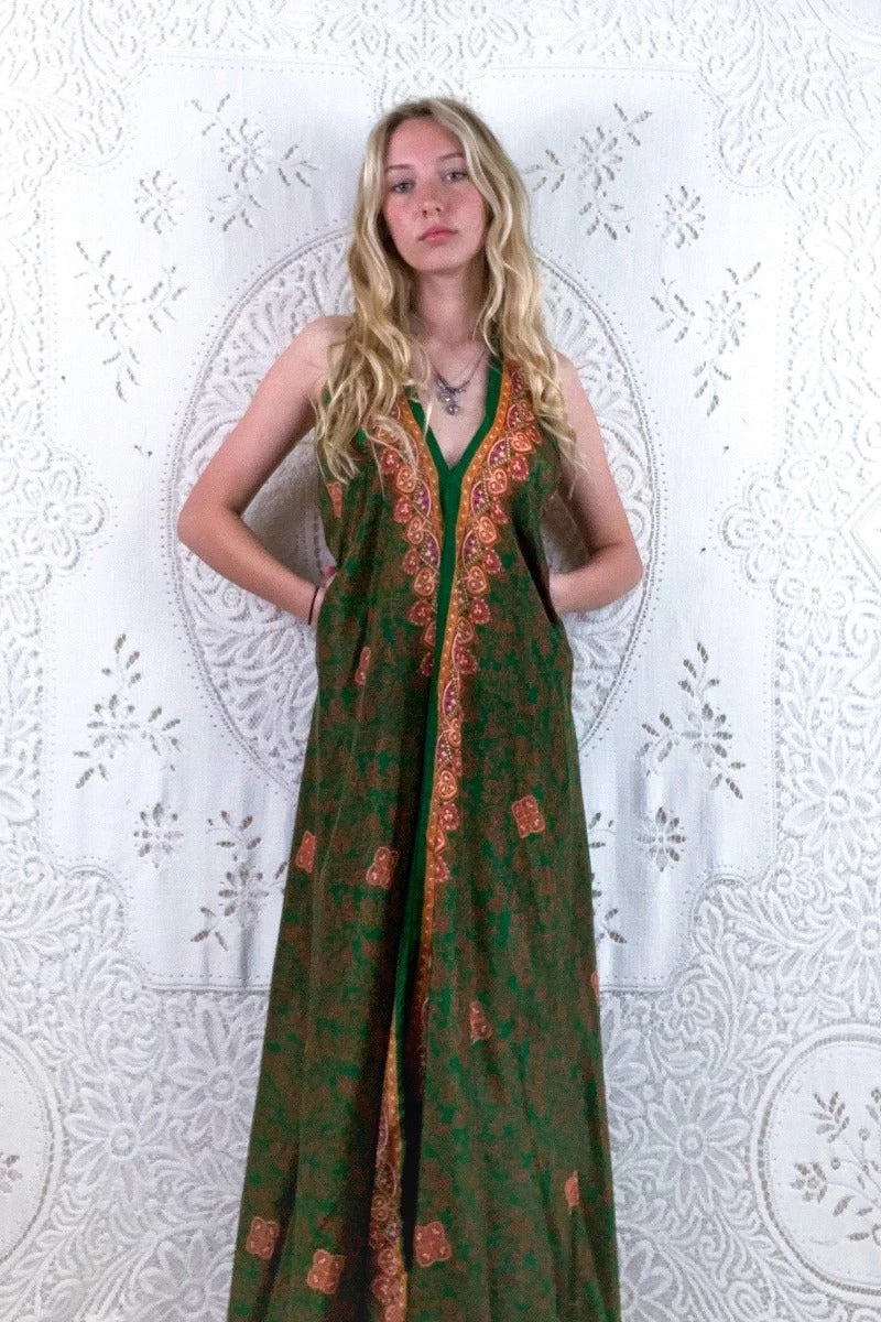 Athena Maxi Dress - Vintage Sari - Forest Green & Amber Floral - M/L - L/XL 2 Athena Maxi Dress - Vintage Sari - Forest Green & Amber Floral - M/L - L/XL - Image 2