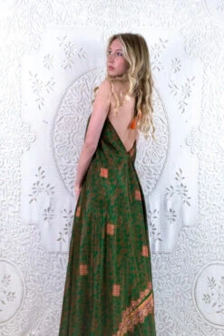 Athena Maxi Dress - Vintage Sari - Forest Green & Amber Floral - M/L - L/XL 5 Athena Maxi Dress - Vintage Sari - Forest Green & Amber Floral - M/L - L/XL -KIKIS Clothing Shop floaty strappy halter neck recycled vintage indian sari strappy maxi sundress dress boho hippie chic party all about audrey 108
