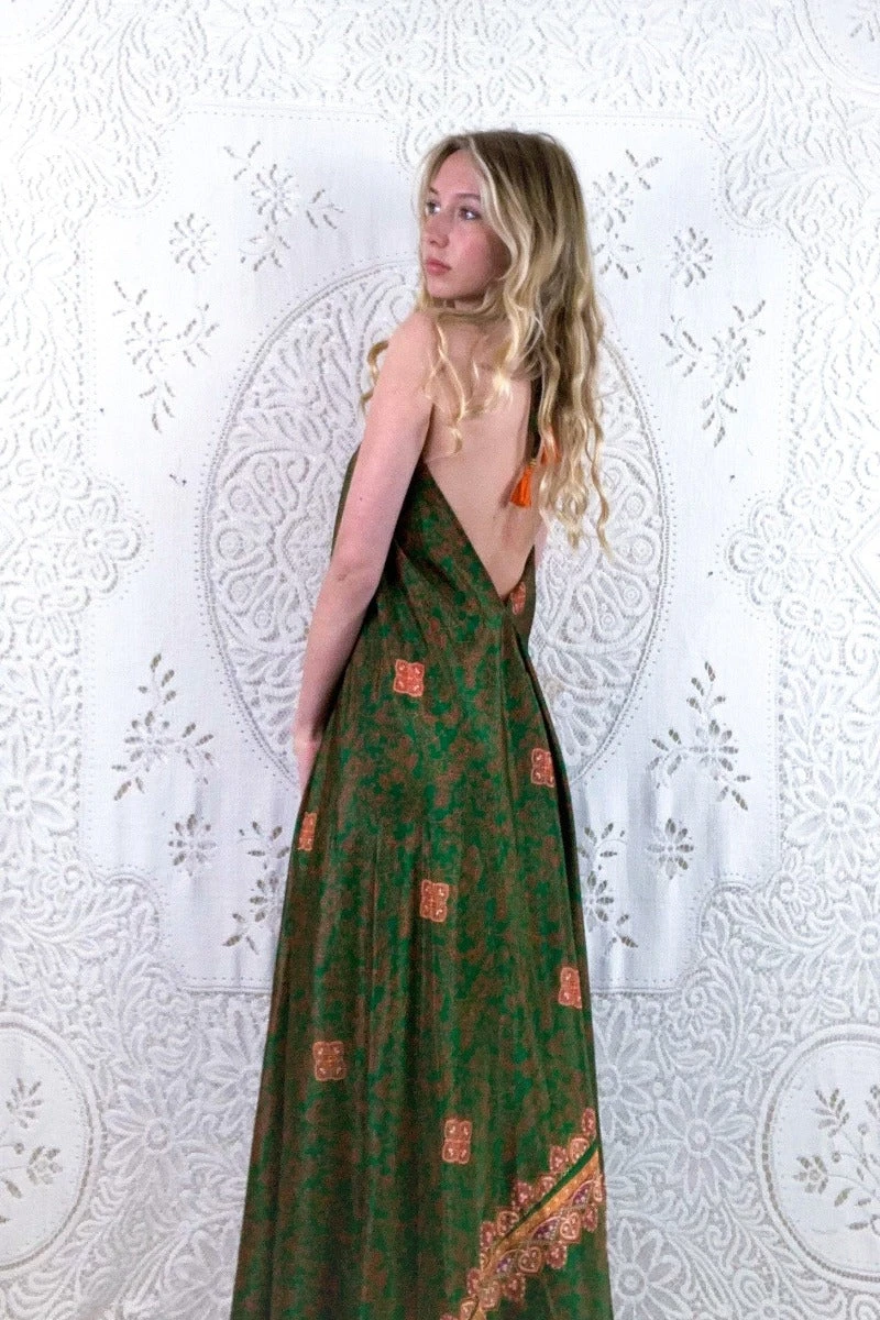 Athena Maxi Dress - Vintage Sari - Forest Green & Amber Floral - M/L - L/XL 3 Athena Maxi Dress - Vintage Sari - Forest Green & Amber Floral - M/L - L/XL - Image 3
