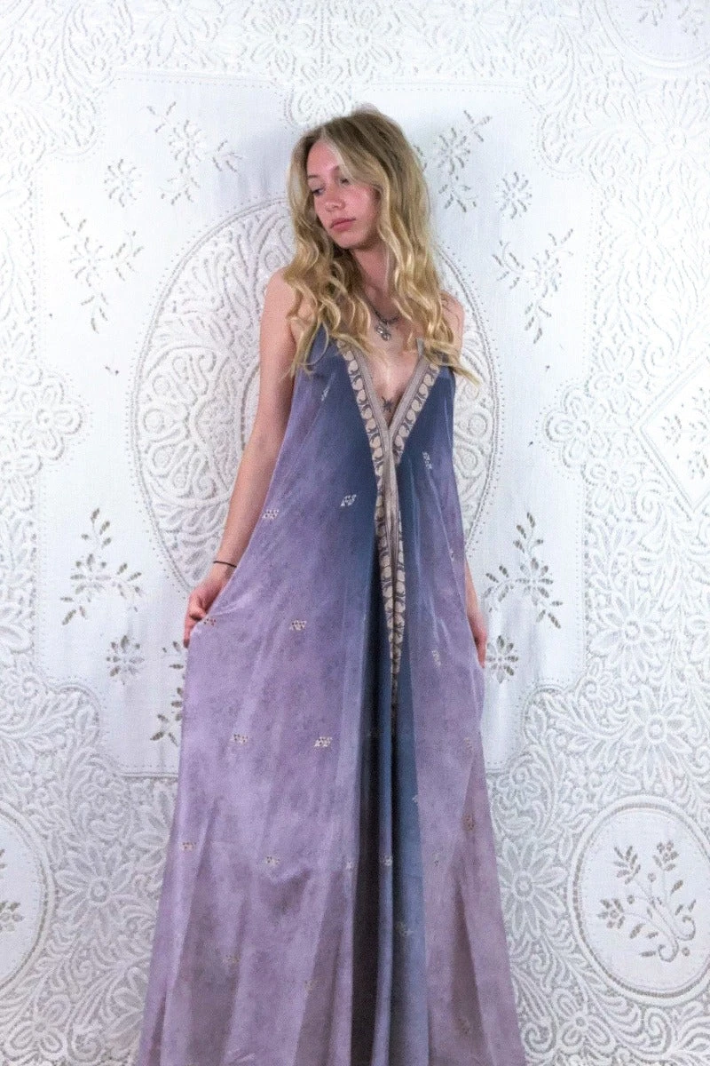 Athena Maxi Dress - Vintage Sari - Mercury Grey & Gold Embroidered Motif - S - M/L 1 Athena Maxi Dress - Vintage Sari - Mercury Grey & Gold Embroidered Motif - S - M/L