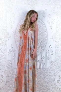 Athena Maxi Dress - Vintage Sari - Coral Pink, Pearl & Cream Floral - S - L/XL -KIKIS Clothing Shop floaty strappy halter neck recycled vintage indian sari strappy maxi sundress dress boho hippie chic party all about audrey 110 f2e16e8e 6cc6 40f8 8ce0 a22cda083877