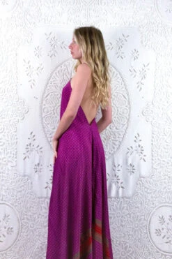 Athena Maxi Dress - Vintage Sari - Rouge Red & Violet Block Motif - S/M -KIKIS Clothing Shop floaty strappy halter neck recycled vintage indian sari strappy maxi sundress dress boho hippie chic party all about audrey 114