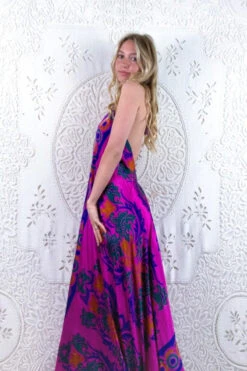 Athena Maxi Dress - Vintage Sari - Magenta & Indigo Retro Jacquard - XS - S/M -KIKIS Clothing Shop floaty strappy halter neck recycled vintage indian sari strappy maxi sundress dress boho hippie chic party all about audrey 119