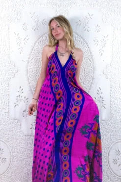 Athena Maxi Dress - Vintage Sari - Magenta & Indigo Retro Jacquard - XS - S/M