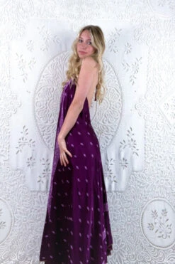 Athena Maxi Dress - Vintage Sari - Deep Plum Purple Motif - S - XXL -KIKIS Clothing Shop floaty strappy halter neck recycled vintage indian sari strappy maxi sundress dress boho hippie chic party all about audrey 137