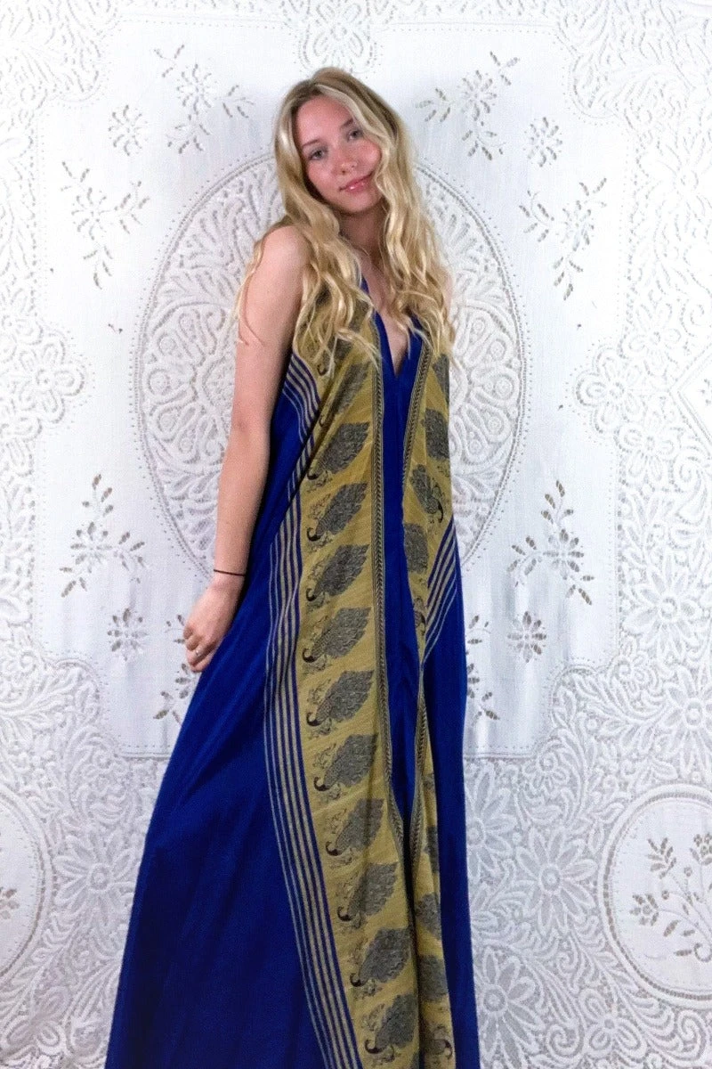Athena Maxi Dress - Vintage Sari - Midnight Blue & Champagne Peacock Print - XS - S/M 1 Athena Maxi Dress - Vintage Sari - Midnight Blue & Champagne Peacock Print - XS - S/M