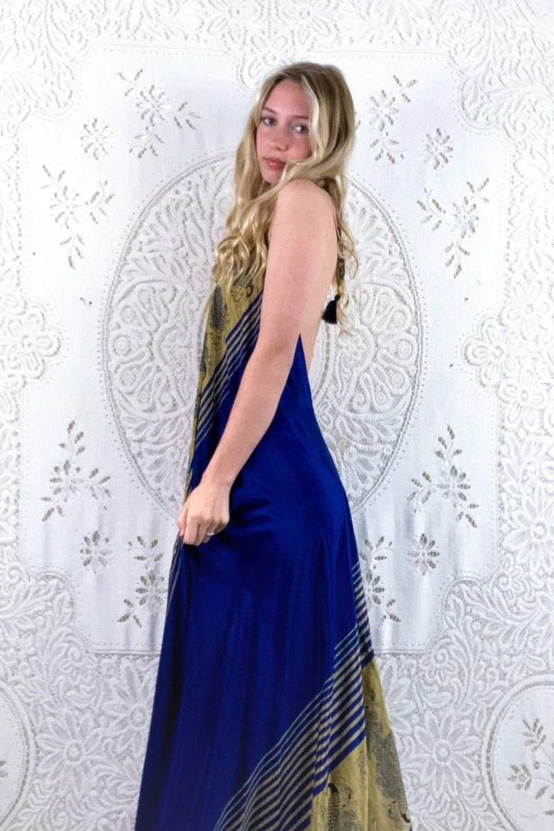 Athena Maxi Dress - Vintage Sari - Midnight Blue & Champagne Peacock Print - XS - S/M 2 Athena Maxi Dress - Vintage Sari - Midnight Blue & Champagne Peacock Print - XS - S/M - Image 2